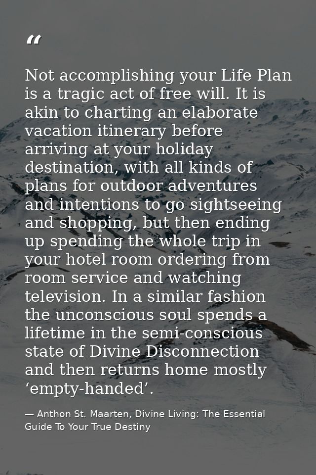 Not accomplishing your Life Plan is a tragic act of free will. It is akin to charting an elaborate vacation itinerary be — Anthon St. Maarten, Divine Living: The Essential Guide To Your True Destiny
