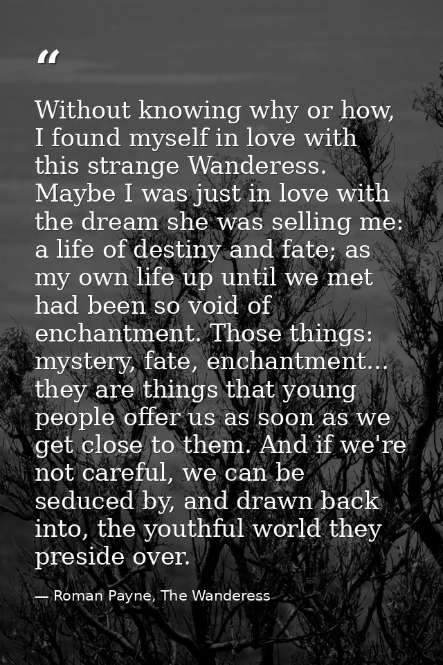 Without knowing why or how, I found myself in love with this strange Wanderess. Maybe I was just in love with the dream  — Roman Payne, The Wanderess