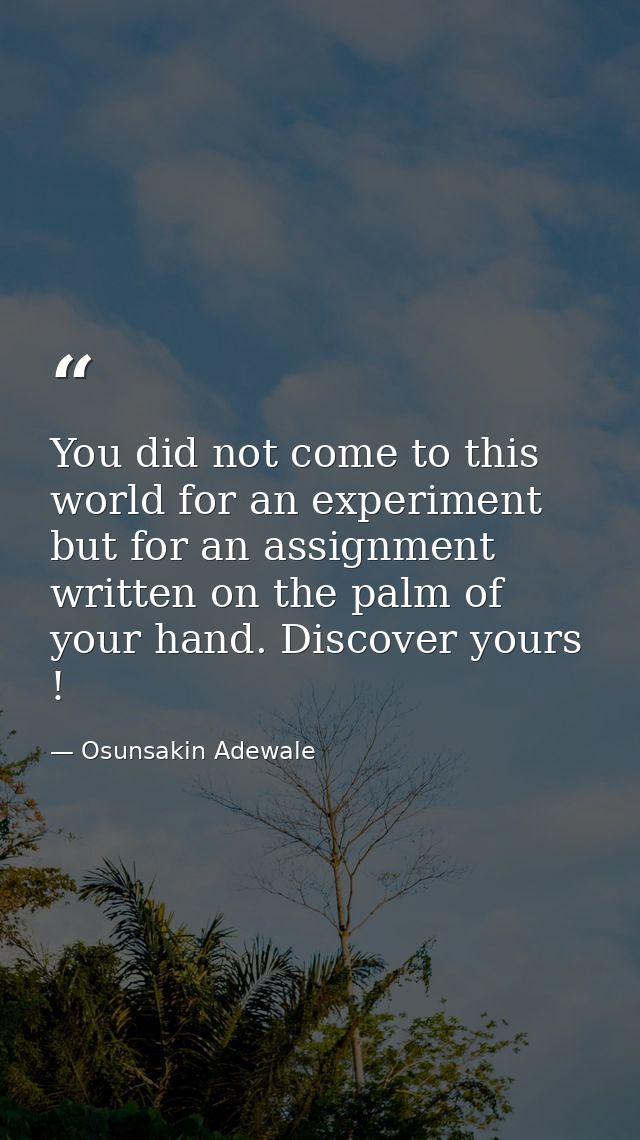 You did not come to this world for an experiment but for an assignment written on the palm of your hand. Discover yours  — Osunsakin Adewale