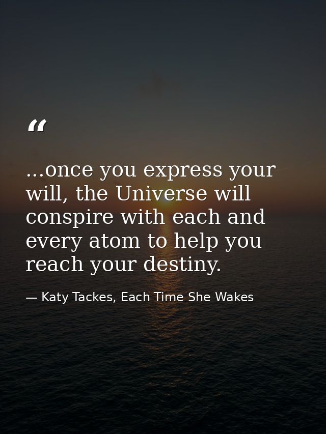 ...once you express your will, the Universe will conspire with each and every atom to help you reach your destiny. — Katy Tackes, Each Time She Wakes