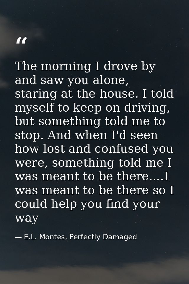 The morning I drove by and saw you alone, staring at the house. I told myself to keep on driving, but something told me  — E.L. Montes, Perfectly Damaged