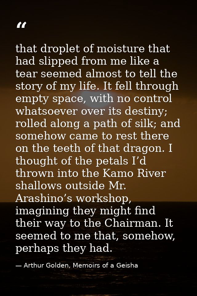 that droplet of moisture that had slipped from me like a tear seemed almost to tell the story of my life. It fell throug — Arthur Golden, Memoirs of a Geisha