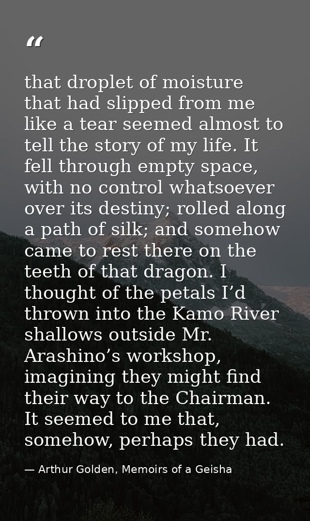 that droplet of moisture that had slipped from me like a tear seemed almost to tell the story of my life. It fell throug — Arthur Golden, Memoirs of a Geisha