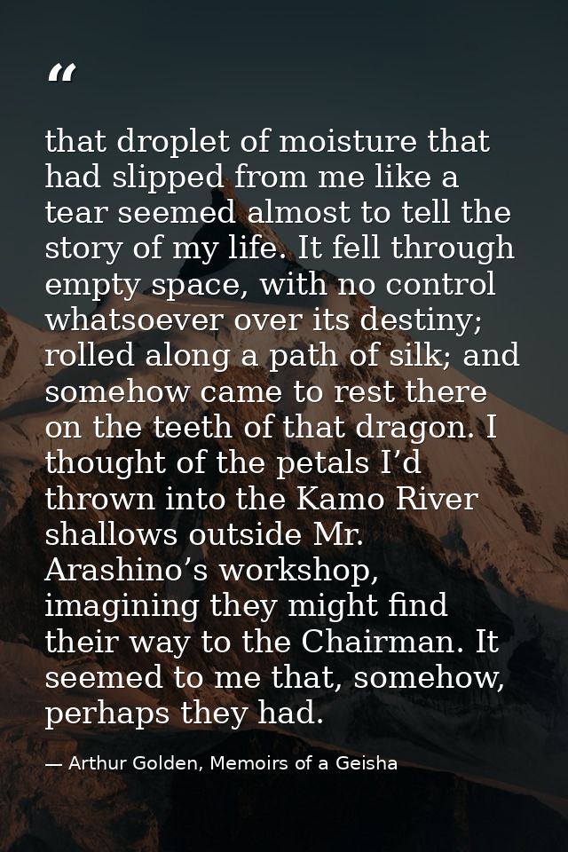 that droplet of moisture that had slipped from me like a tear seemed almost to tell the story of my life. It fell throug — Arthur Golden, Memoirs of a Geisha