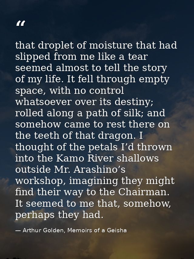that droplet of moisture that had slipped from me like a tear seemed almost to tell the story of my life. It fell throug — Arthur Golden, Memoirs of a Geisha