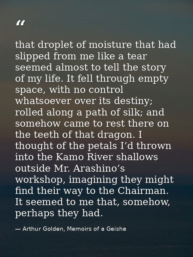 that droplet of moisture that had slipped from me like a tear seemed almost to tell the story of my life. It fell throug — Arthur Golden, Memoirs of a Geisha
