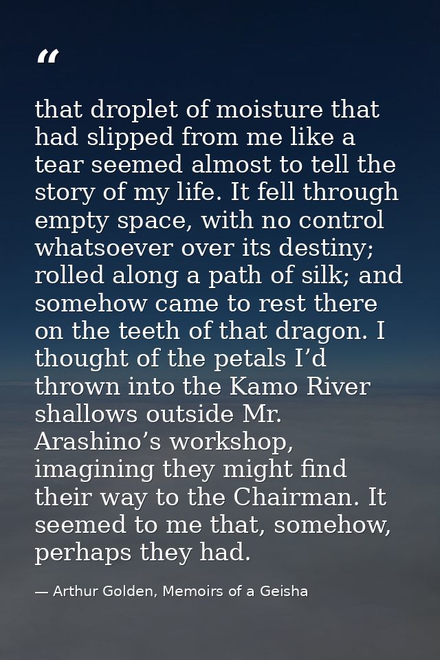 that droplet of moisture that had slipped from me like a tear seemed almost to tell the story of my life. It fell throug — Arthur Golden, Memoirs of a Geisha