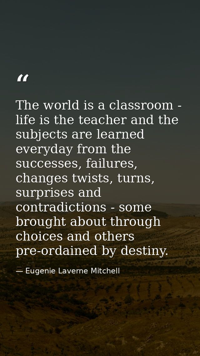 The world is a classroom - life is the teacher and the subjects are learned everyday from the successes, failures, chang — Eugenie Laverne Mitchell