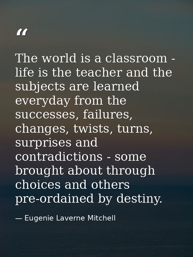 The world is a classroom - life is the teacher and the subjects are learned everyday from the successes, failures, chang — Eugenie Laverne Mitchell