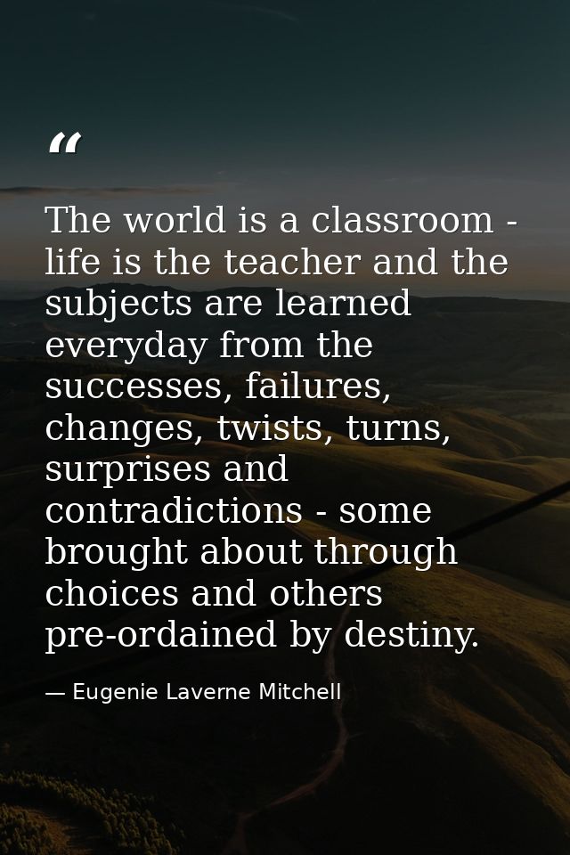 The world is a classroom - life is the teacher and the subjects are learned everyday from the successes, failures, chang — Eugenie Laverne Mitchell