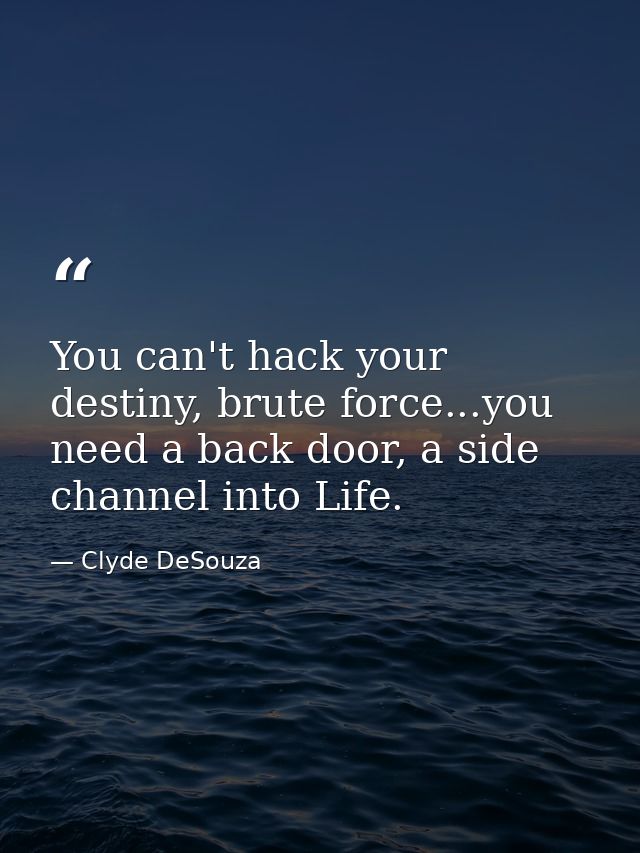 You can't hack your destiny, brute force...you need a back door, a side channel into Life. — Clyde DeSouza