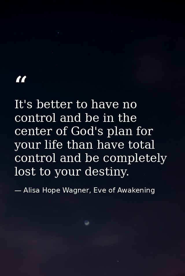 It's better to have no control and be in the center of God's plan for your life than have total control and be completel — Alisa Hope Wagner, Eve of Awakening