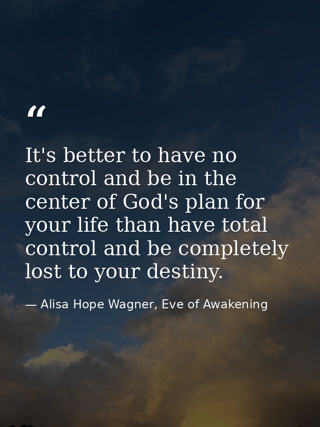 It's better to have no control and be in the center of God's plan for your life than have total control and be completel — Alisa Hope Wagner, Eve of Awakening
