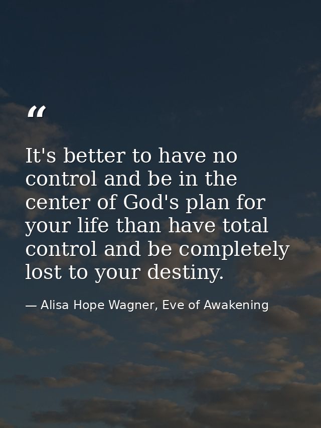 It's better to have no control and be in the center of God's plan for your life than have total control and be completel — Alisa Hope Wagner, Eve of Awakening