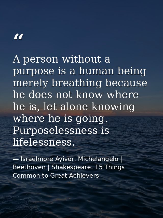 A person without a purpose is a human being merely breathing because he does not know where he is, let alone knowing whe — Israelmore Ayivor, Michelangelo | Beethoven | Shakespeare: 15 Things Common to Great Achievers