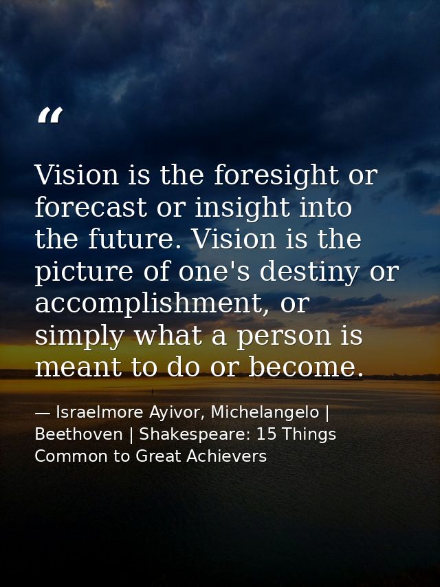 Vision is the foresight or forecast or insight into the future. Vision is the picture of one's destiny or accomplishment — Israelmore Ayivor, Michelangelo | Beethoven | Shakespeare: 15 Things Common to Great Achievers