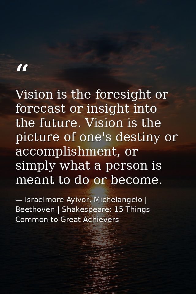 Vision is the foresight or forecast or insight into the future. Vision is the picture of one's destiny or accomplishment — Israelmore Ayivor, Michelangelo | Beethoven | Shakespeare: 15 Things Common to Great Achievers