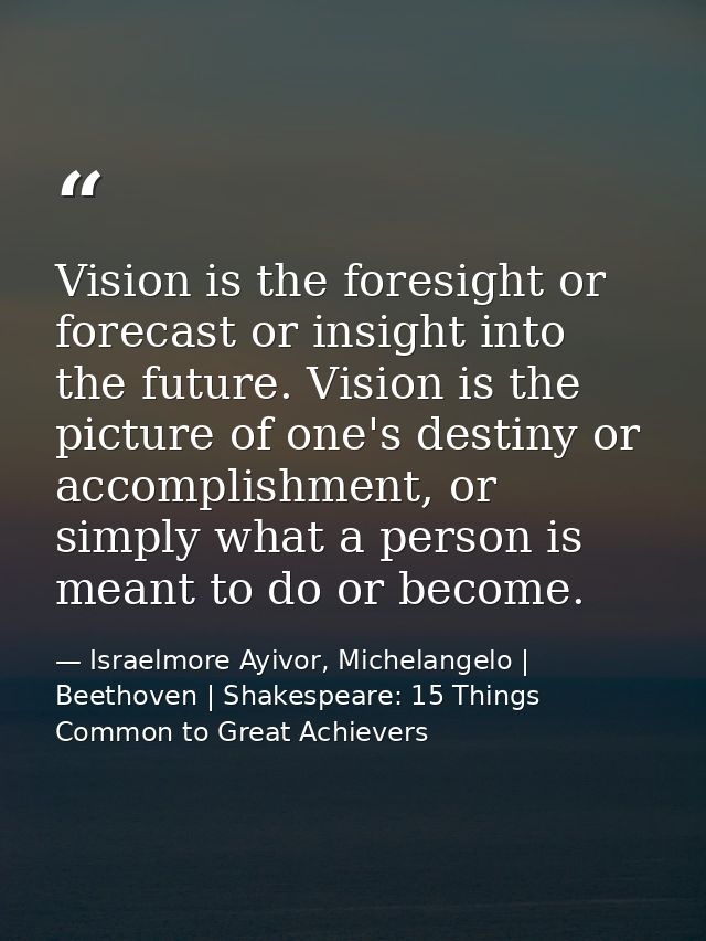 Vision is the foresight or forecast or insight into the future. Vision is the picture of one's destiny or accomplishment — Israelmore Ayivor, Michelangelo | Beethoven | Shakespeare: 15 Things Common to Great Achievers
