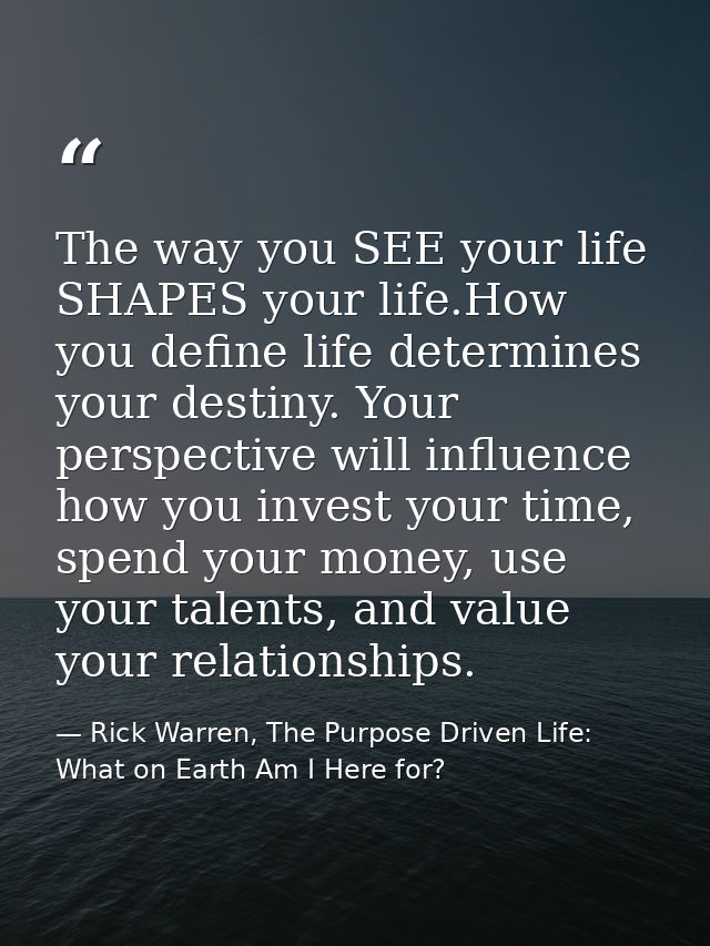 The way you SEE your life SHAPES your life.How you define life determines your destiny. Your perspective will influence  — Rick Warren, The Purpose Driven Life: What on Earth Am I Here for?