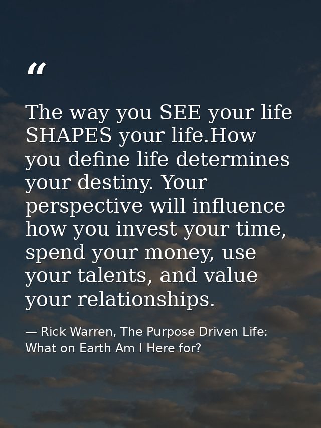 The way you SEE your life SHAPES your life.How you define life determines your destiny. Your perspective will influence  — Rick Warren, The Purpose Driven Life: What on Earth Am I Here for?