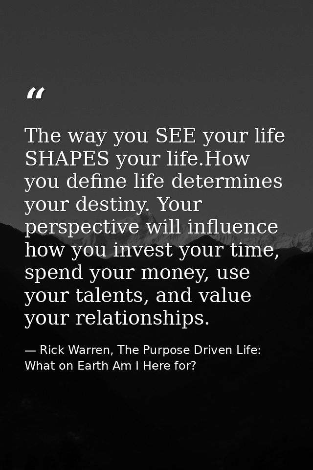 The way you SEE your life SHAPES your life.How you define life determines your destiny. Your perspective will influence  — Rick Warren, The Purpose Driven Life: What on Earth Am I Here for?
