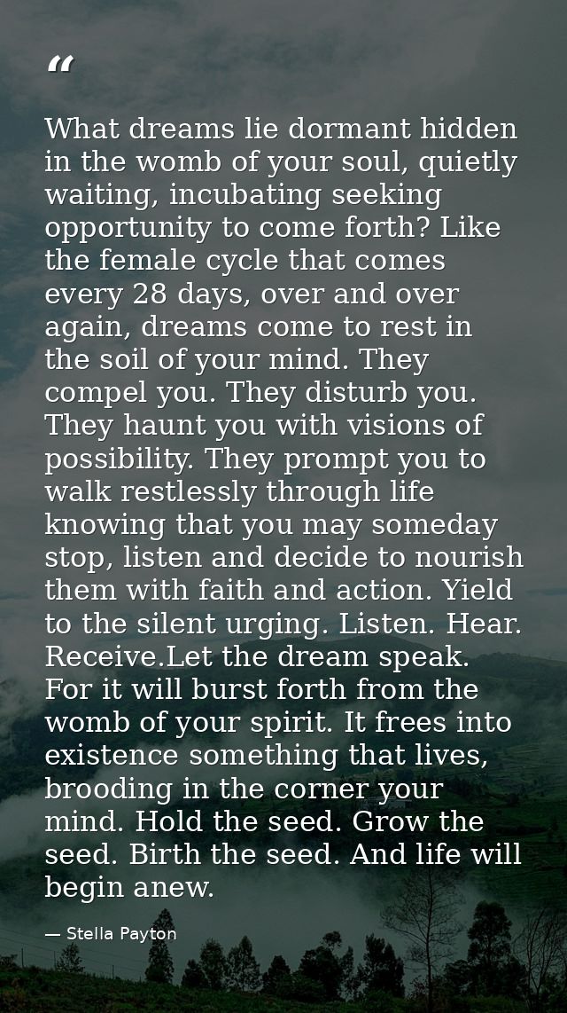 What dreams lie dormant hidden in the womb of your soul, quietly waiting, incubating seeking opportunity to come forth?  — Stella Payton