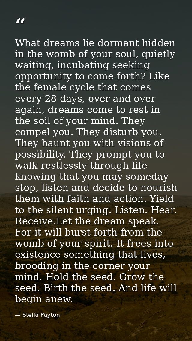 What dreams lie dormant hidden in the womb of your soul, quietly waiting, incubating seeking opportunity to come forth?  — Stella Payton