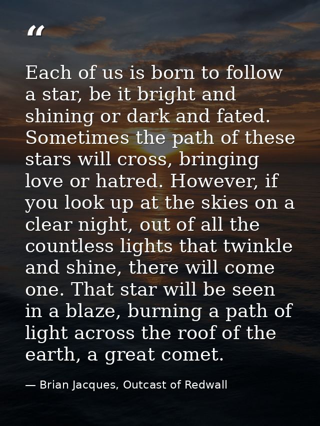 Each of us is born to follow a star, be it bright and shining or dark and fated. Sometimes the path of these stars will  — Brian Jacques, Outcast of Redwall