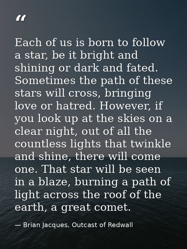 Each of us is born to follow a star, be it bright and shining or dark and fated. Sometimes the path of these stars will  — Brian Jacques, Outcast of Redwall