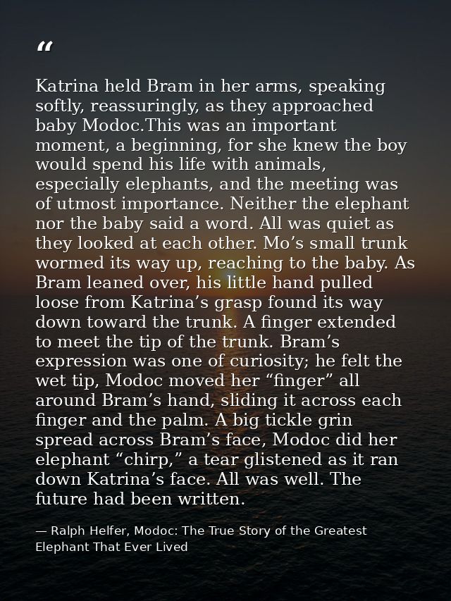 Katrina held Bram in her arms, speaking softly, reassuringly, as they approached baby Modoc.This was an important moment — Ralph Helfer, Modoc: The True Story of the Greatest Elephant That Ever Lived