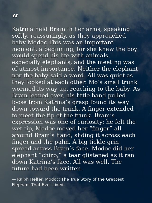 Katrina held Bram in her arms, speaking softly, reassuringly, as they approached baby Modoc.This was an important moment — Ralph Helfer, Modoc: The True Story of the Greatest Elephant That Ever Lived
