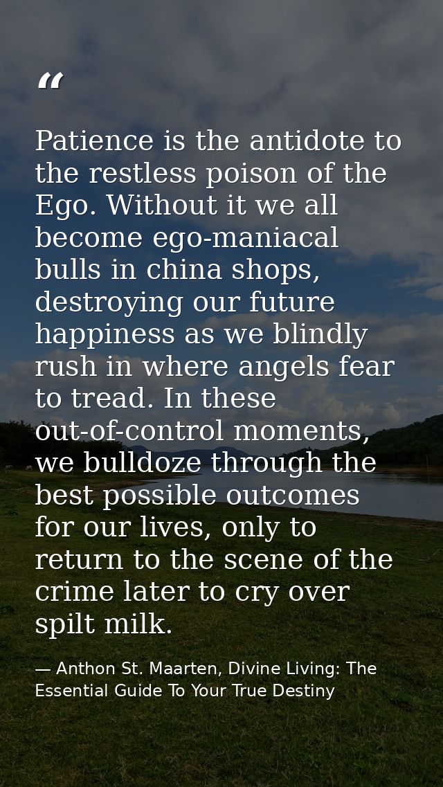 Patience is the antidote to the restless poison of the Ego. Without it we all become ego-maniacal bulls in china shops,  — Anthon St. Maarten, Divine Living: The Essential Guide To Your True Destiny