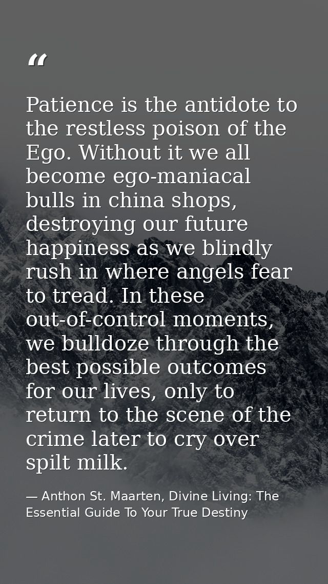 Patience is the antidote to the restless poison of the Ego. Without it we all become ego-maniacal bulls in china shops,  — Anthon St. Maarten, Divine Living: The Essential Guide To Your True Destiny