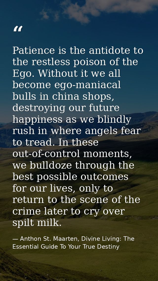 Patience is the antidote to the restless poison of the Ego. Without it we all become ego-maniacal bulls in china shops,  — Anthon St. Maarten, Divine Living: The Essential Guide To Your True Destiny