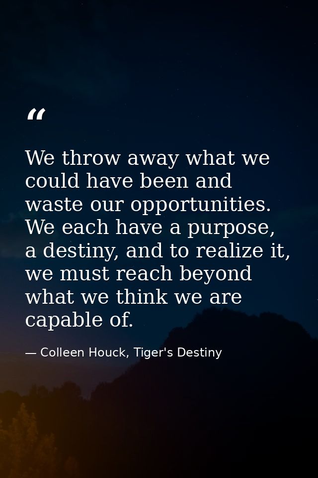 We throw away what we could have been and waste our opportunities. We each have a purpose, a destiny, and to realize it, — Colleen Houck, Tiger's Destiny