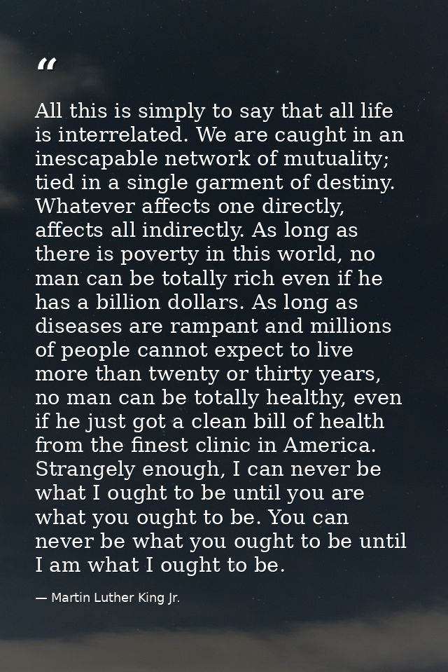 All this is simply to say that all life is interrelated. We are caught in an inescapable network of mutuality; tied in a — Martin Luther King Jr.