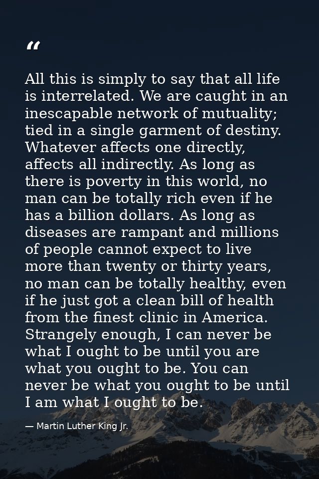 All this is simply to say that all life is interrelated. We are caught in an inescapable network of mutuality; tied in a — Martin Luther King Jr.