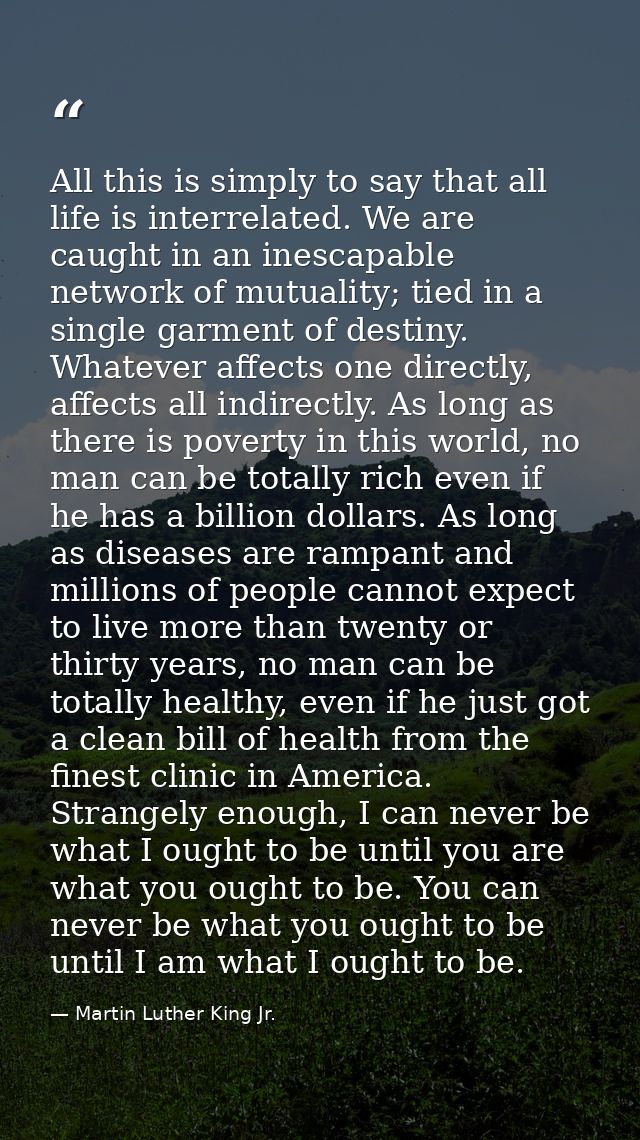 All this is simply to say that all life is interrelated. We are caught in an inescapable network of mutuality; tied in a — Martin Luther King Jr.