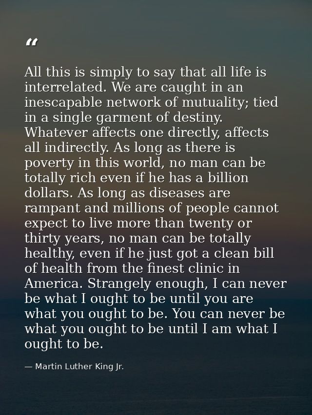 All this is simply to say that all life is interrelated. We are caught in an inescapable network of mutuality; tied in a — Martin Luther King Jr.