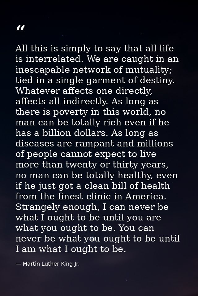 All this is simply to say that all life is interrelated. We are caught in an inescapable network of mutuality; tied in a — Martin Luther King Jr.