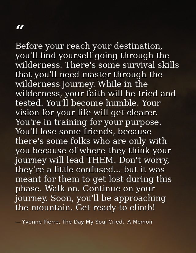 Before your reach your destination, you'll find yourself going through the wilderness. There's some survival skills that — Yvonne Pierre, The Day My Soul Cried:  A Memoir