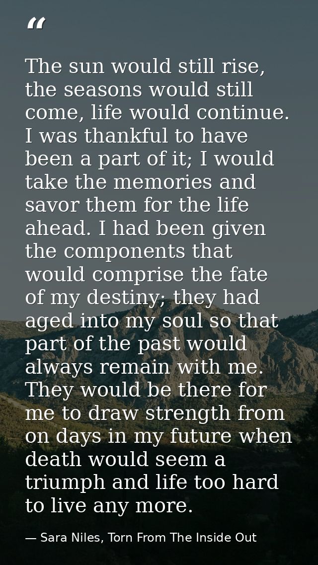 The sun would still rise, the seasons would still come, life would continue. I was thankful to have been a part of it; I — Sara Niles, Torn From The Inside Out