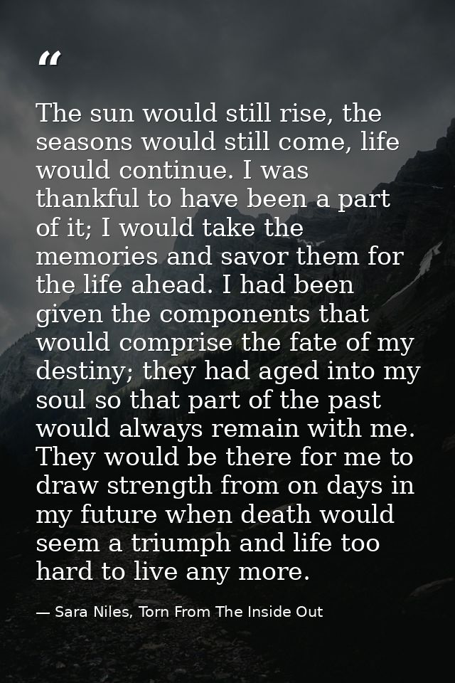 The sun would still rise, the seasons would still come, life would continue. I was thankful to have been a part of it; I — Sara Niles, Torn From The Inside Out