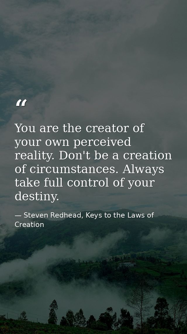 You are the creator of your own perceived reality. Don't be a creation of circumstances. Always take full control of you — Steven Redhead, Keys to the Laws of Creation