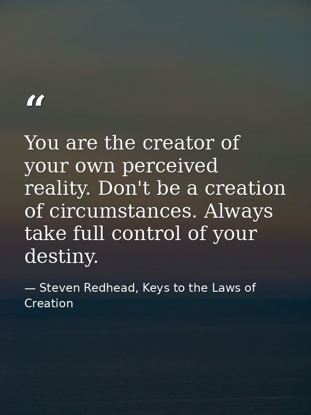 You are the creator of your own perceived reality. Don't be a creation of circumstances. Always take full control of you — Steven Redhead, Keys to the Laws of Creation
