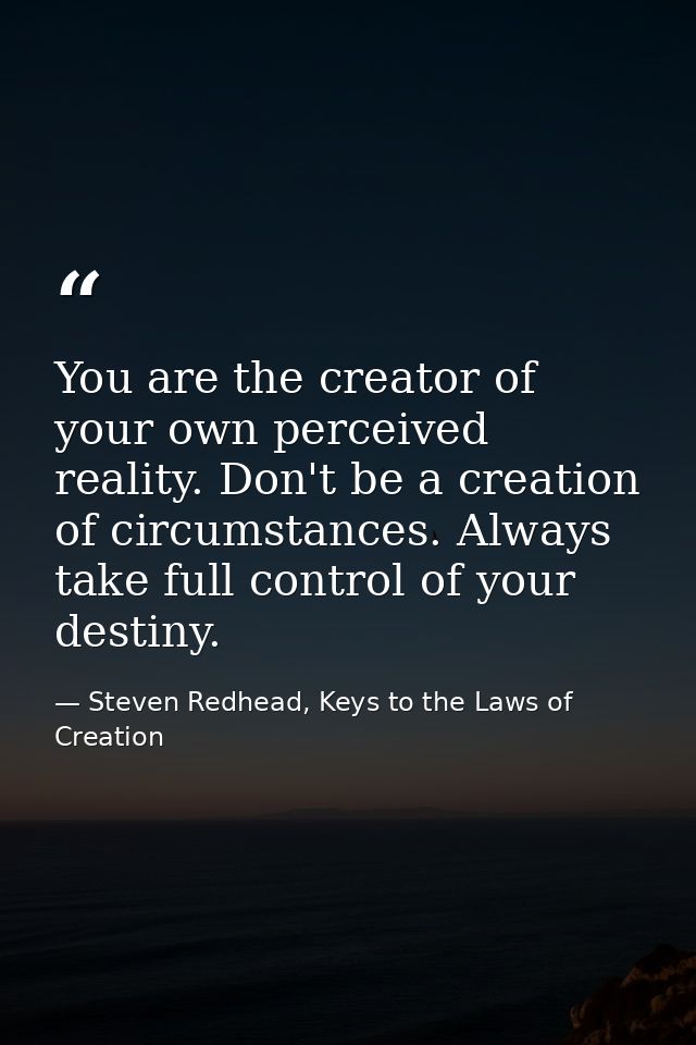 You are the creator of your own perceived reality. Don't be a creation of circumstances. Always take full control of you — Steven Redhead, Keys to the Laws of Creation