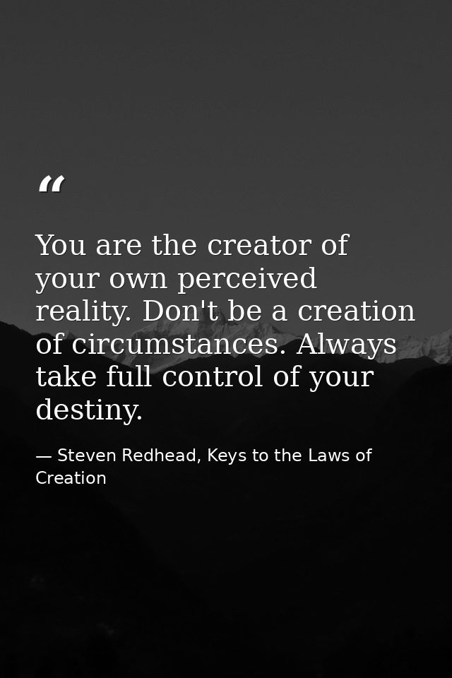 You are the creator of your own perceived reality. Don't be a creation of circumstances. Always take full control of you — Steven Redhead, Keys to the Laws of Creation