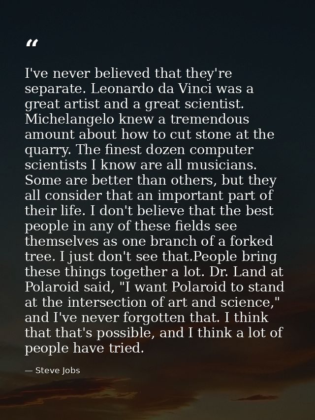 I've never believed that they're separate. Leonardo da Vinci was a great artist and a great scientist. Michelangelo knew — Steve Jobs