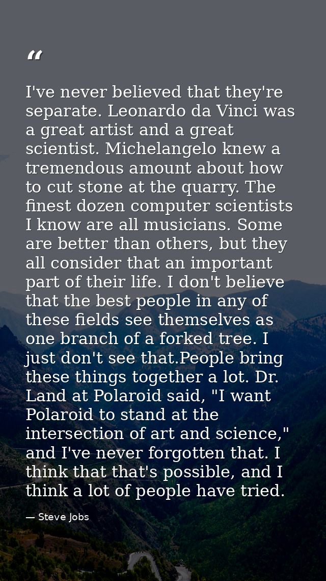 I've never believed that they're separate. Leonardo da Vinci was a great artist and a great scientist. Michelangelo knew — Steve Jobs