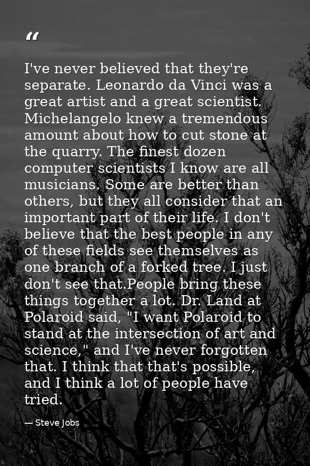 I've never believed that they're separate. Leonardo da Vinci was a great artist and a great scientist. Michelangelo knew — Steve Jobs